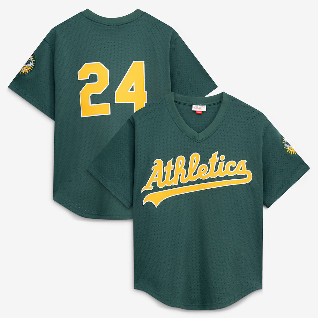 Oakland Athletics #24 Rickey Henderson Mitchell & Ness Green HOLBERT Authentic Batting Practice Jersey