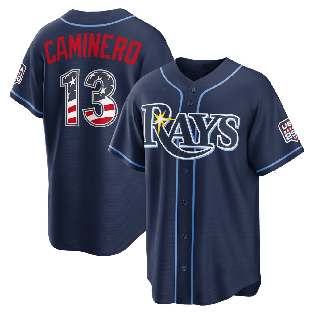 Tampa Bay Rays #13 Junior Caminero USA 250 Fourth of July Road Stadium Jersey - Navy HOLBERT