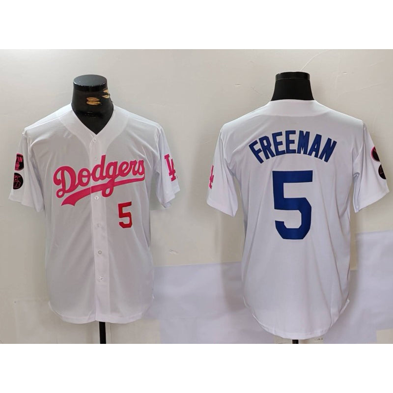 Los Angeles Dodgers #5 Freddie Freeman White Pink HOLBERT Vin & Kobe Patch Stitched Jerseys