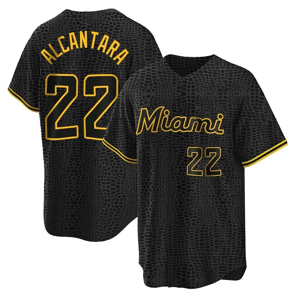 Miami Marlins #22 Sandy Alcantara Player Black HOLBERT Snake Skin City Home Game Stitched Jerseys