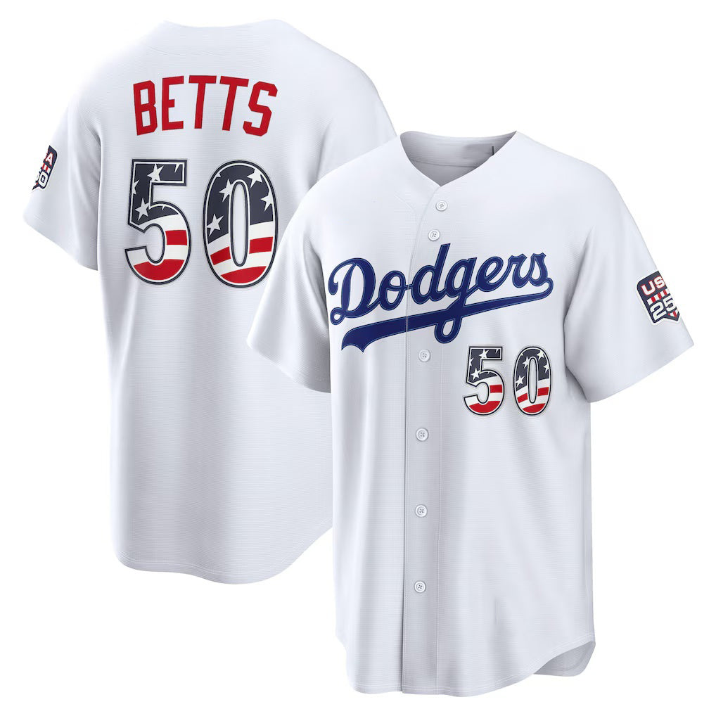 Los Angeles Dodgers #50 Mookie Betts White HOLBERT USA 250 Fourth of July Home Stadium Jersey