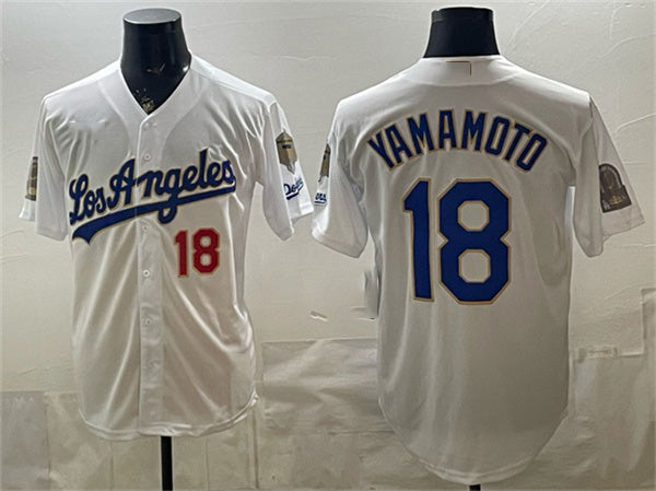 Los Angeles Dodgers #18 Yoshinobu Yamamoto White HOLBERT 2026 Gold Collection 9x & B2B Champs Patch Stitched Jersey