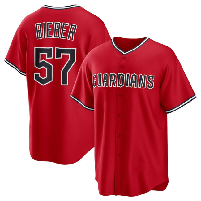 Cleveland Guardians #57 Shane Bieber Red HOLBERT Cool Base Stitched Jersey