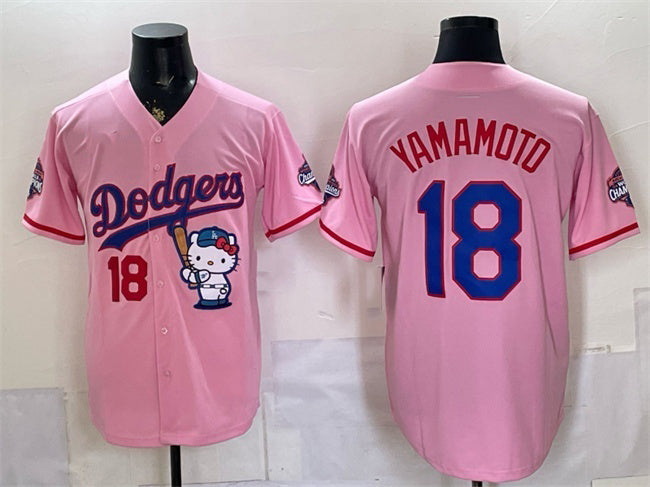Los Angeles Dodgers #18 Yoshinobu Yamamoto Pink HOLBERT Hello Kitty Night 2025 World Series Champions Patch Stitched Jersey