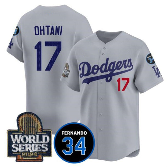 Los Angeles Dodgers #17 Shohei Ohtani Grey HOLBERT 2024 World Series With Fernando Memorial Patch Limited Stitched Jersey