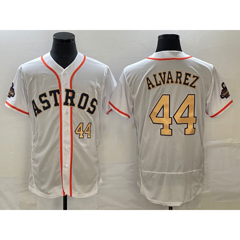 Houston Astros #44 Yordan Alvarez Number 2023 White Gold HOLBERT World Serise Champions Patch Flex Base Stitched Jersey 2