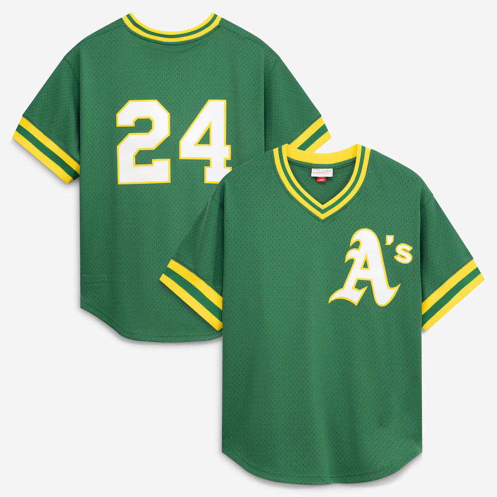 Oakland Athletics #24 Rickey Henderson Mitchell & Ness Green HOLBERT Authentic Batting Practice Jersey 2