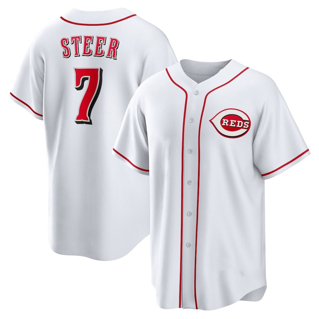 Cincinnati Reds #7 Spencer Steer White HOLBERT Home Replica Jersey