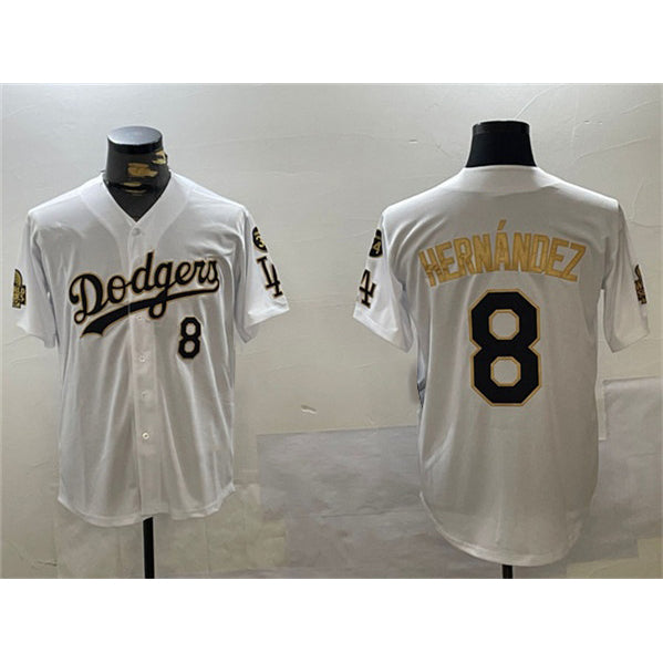 Los Angeles Dodgers #8 Enrique Hernandez White HOLBERT Gold 2024 World Series With Fernando Memorial Patch Home Limited Stitched Jersey