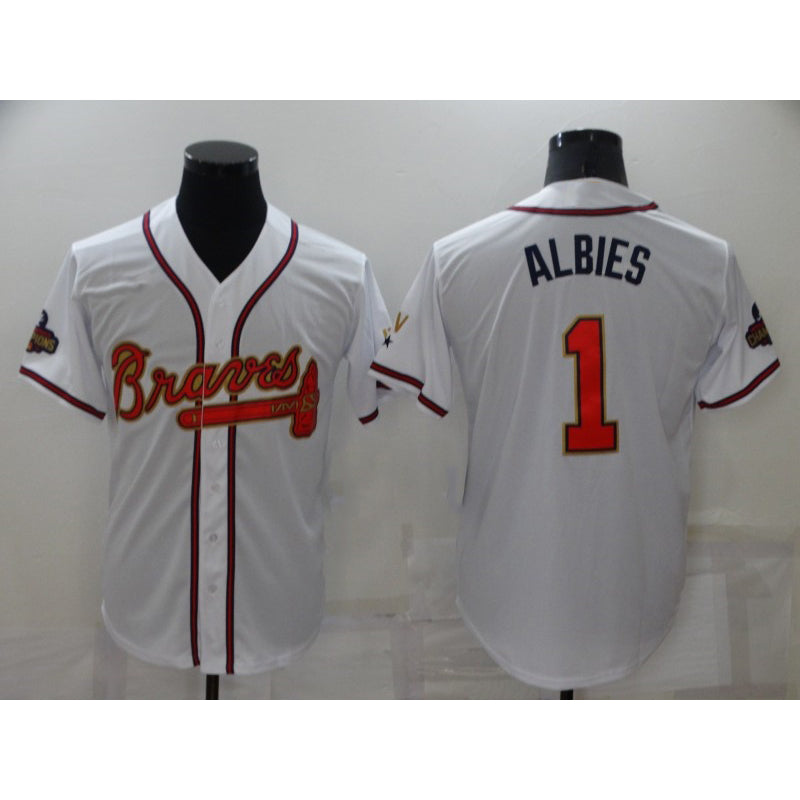Atlanta Braves #1 Ozzie Albies 2022 White Gold HOLBERT World Series Champions Program Cool Base Stitched Jersey