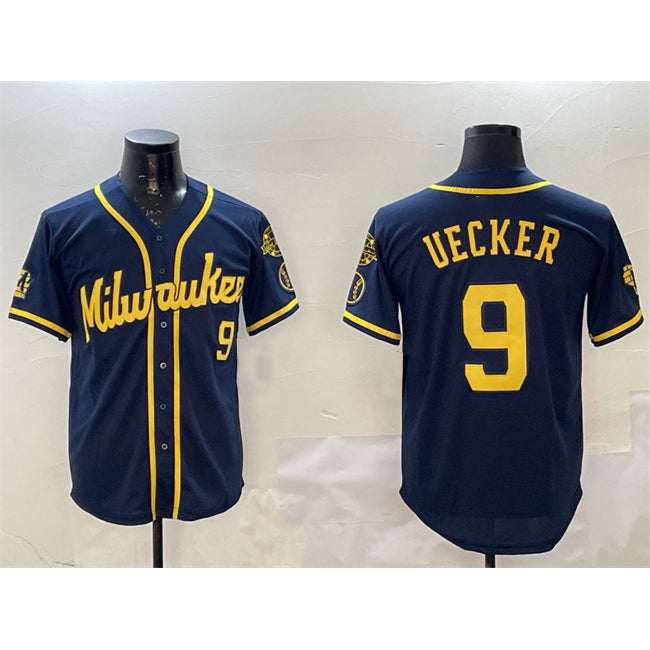 Milwaukee Brewers #9 Bob Uecker Navy HOLBERT With Home Patch Limited Stitched Jersey