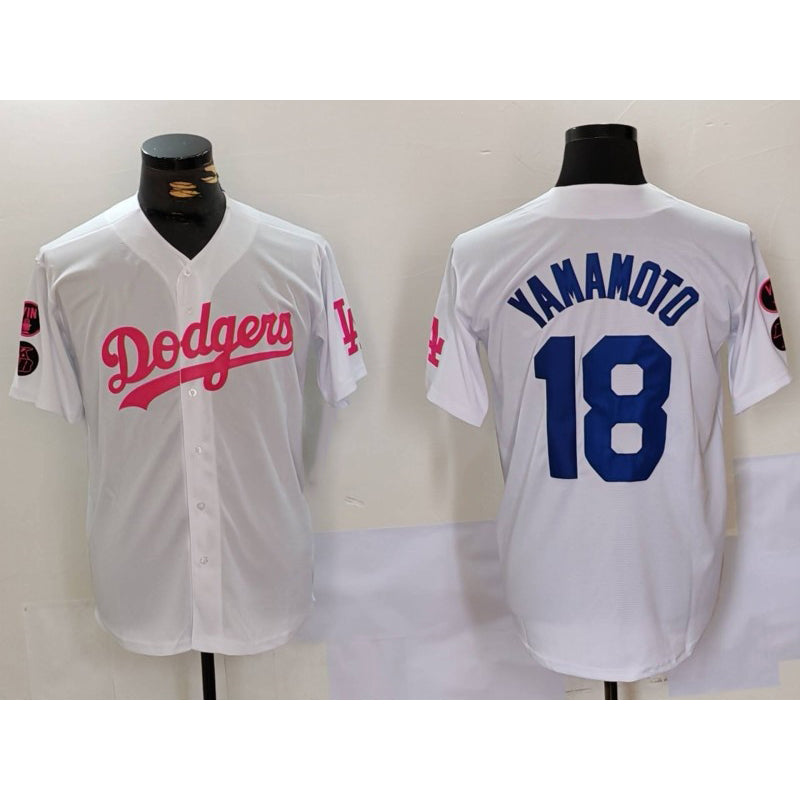 Los Angeles Dodgers #18 Yoshinobu Yamamoto White Pink HOLBERT Vin & Kobe Patch Stitched Jersey1