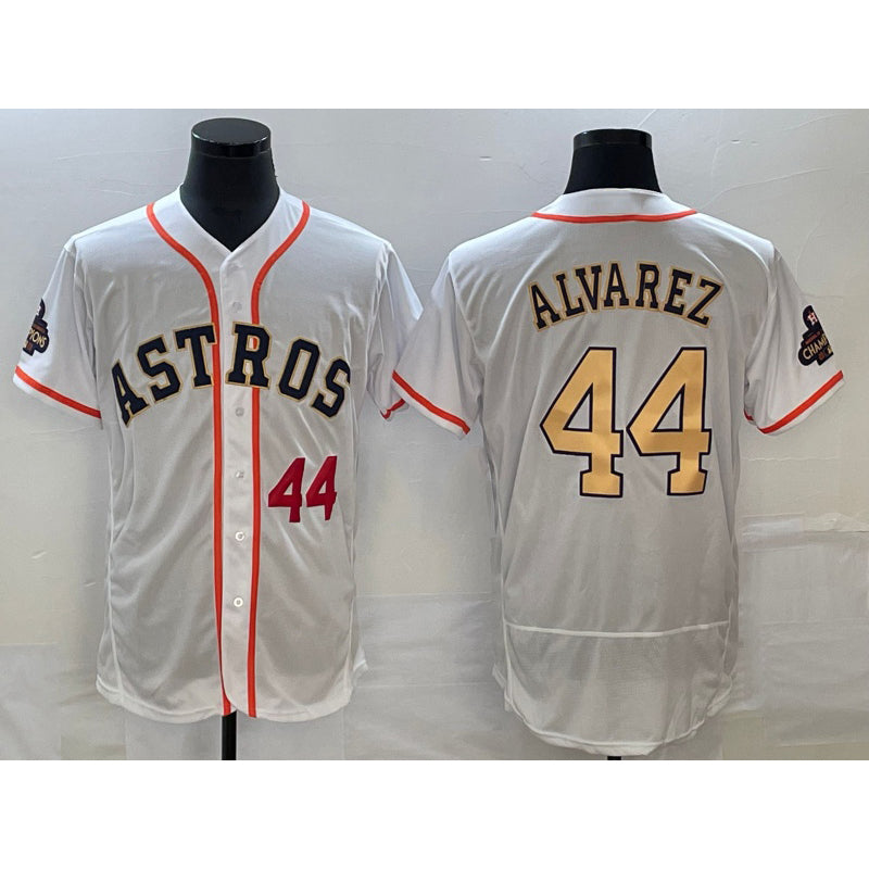 Houston Astros #44 Yordan Alvarez Number 2023 White Gold HOLBERT World Serise Champions Patch Flex Base Stitched Jersey