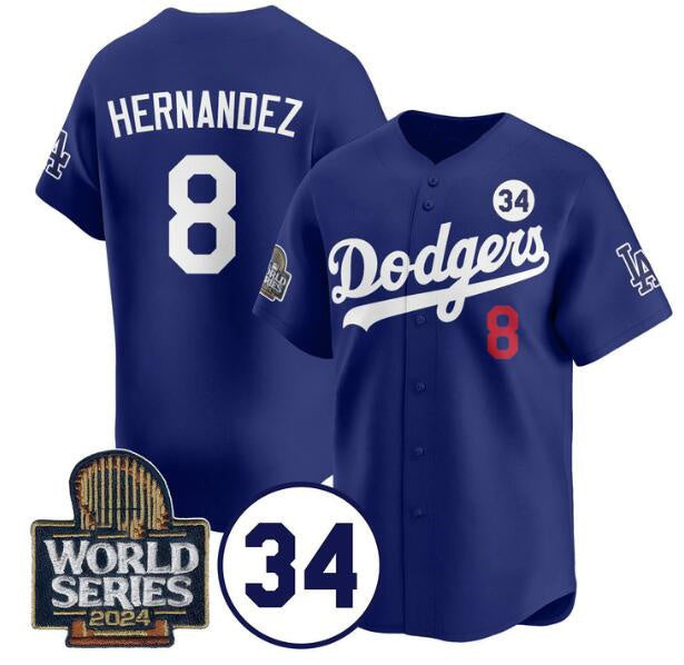 Los Angeles Dodgers #8 Enrique Hernandez Royal HOLBERT 2024 World Series With No. 34 Patch Limited Stitched Jersey