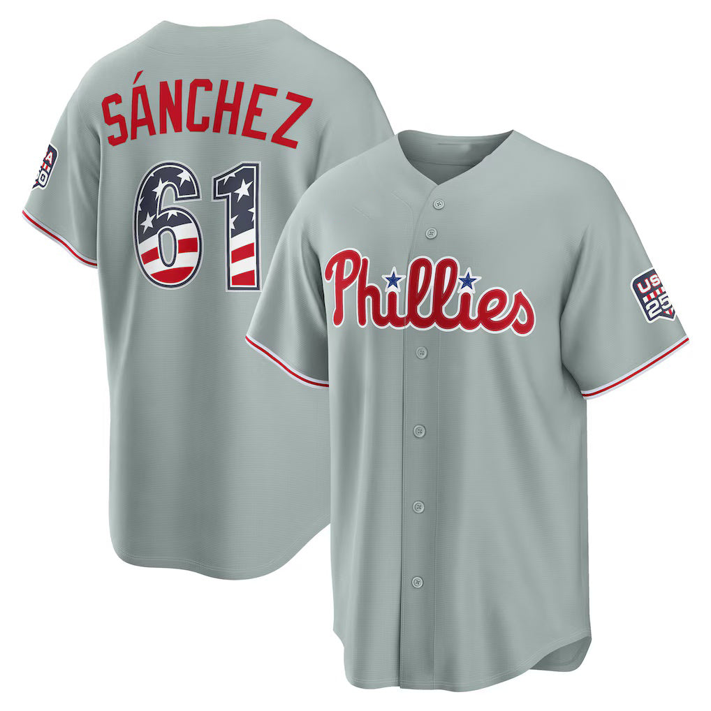 Philadelphia Phillies #61 Cristopher Sanchez USA 250 Fourth of July Road Stadium Jersey - Gray HOLBERT