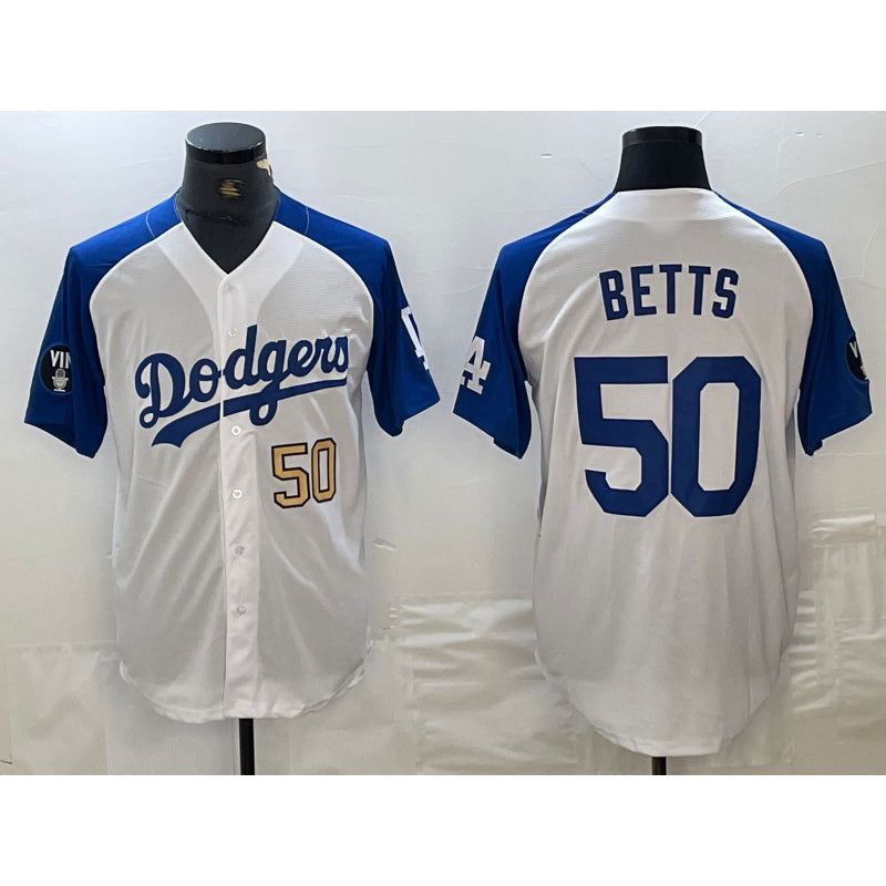 Los Angeles Dodgers #50 Mookie Betts Number White Blue HOLBERT Fashion Stitched Cool Base Limited Jersey 3