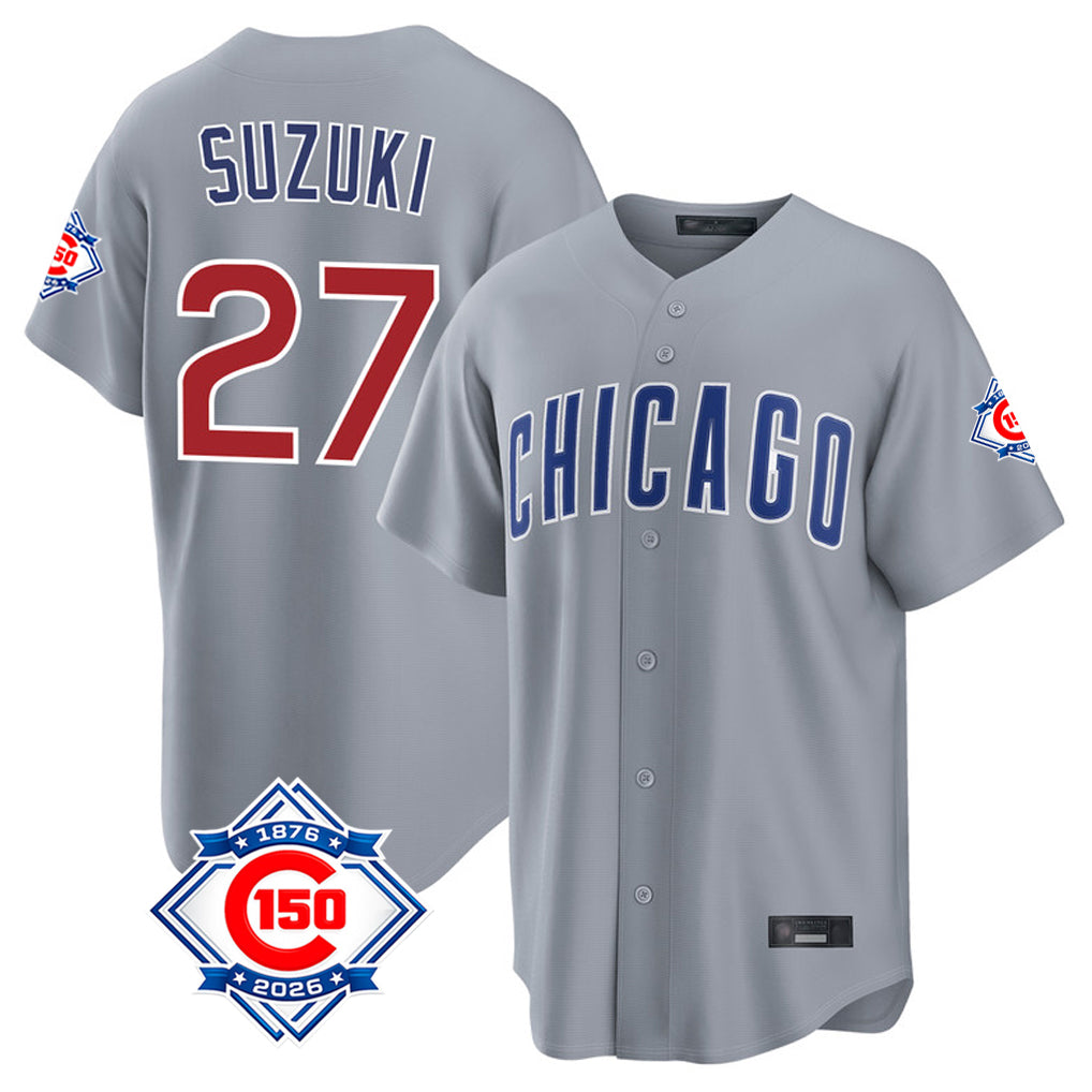 Chicago Cubs #27 Seiya Suzuki Player Gray HOLBERT 150th Anniversary Home Game Stitched Jerseys