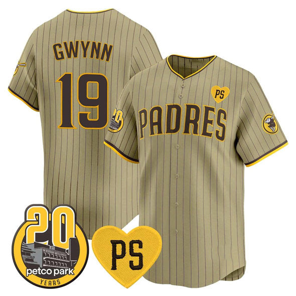San Diego Padres #19 Tony Gwynn Tan HOLBERT 'For Peter' And Petco Park 20th Patch Limited Stitched Jersey