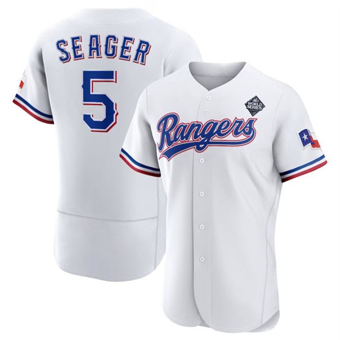 Texas Rangers #5 Corey Seager White HOLBERT 2023 World Series Flex Base Stitched Jersey