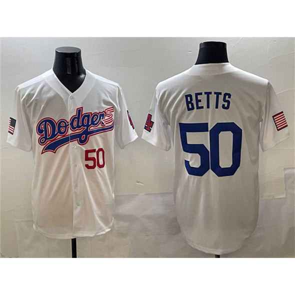 Los Angeles Dodgers #50 Mookie Betts White HOLBERT With American Flag Patch Limited Stitched Jersey