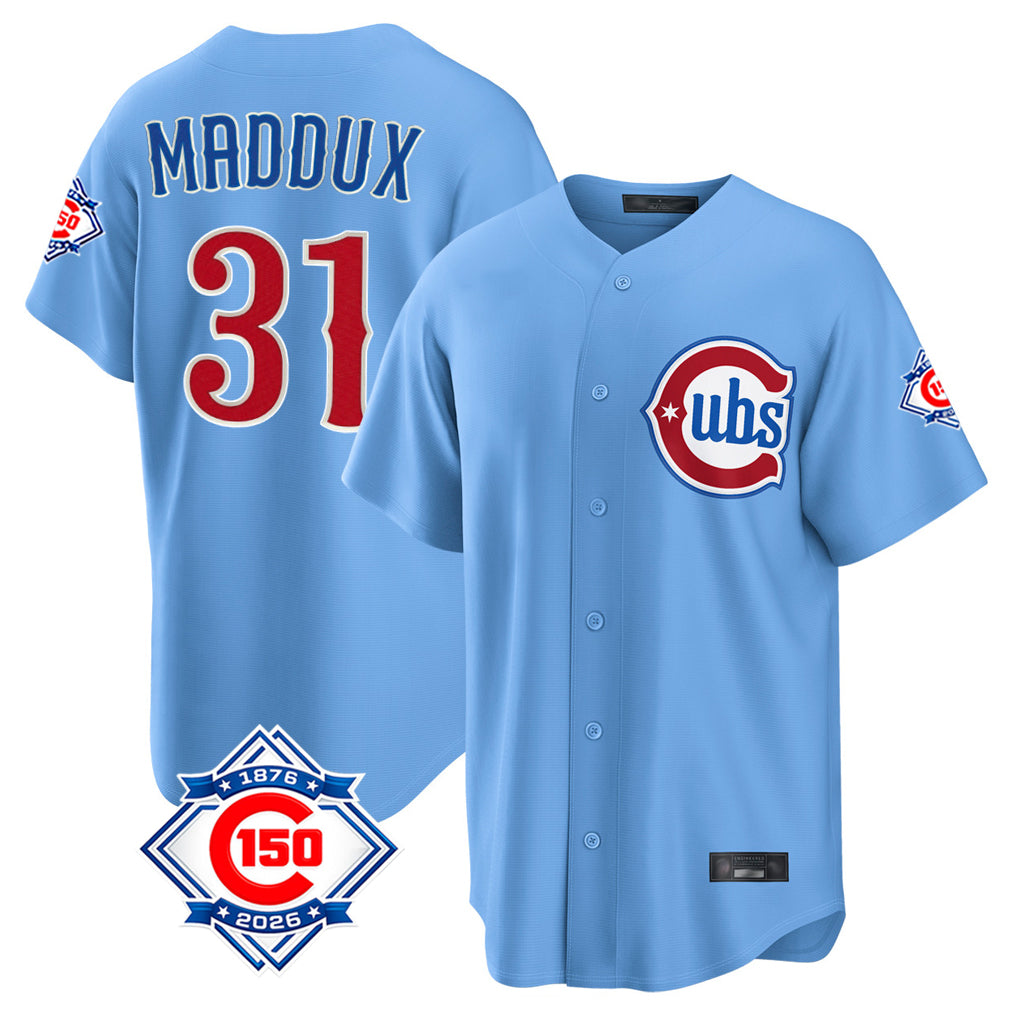 Chicago Cubs #31 Greg Maddux Player Light Blue HOLBERT 150th Anniversary Home Game Stitched Jerseys