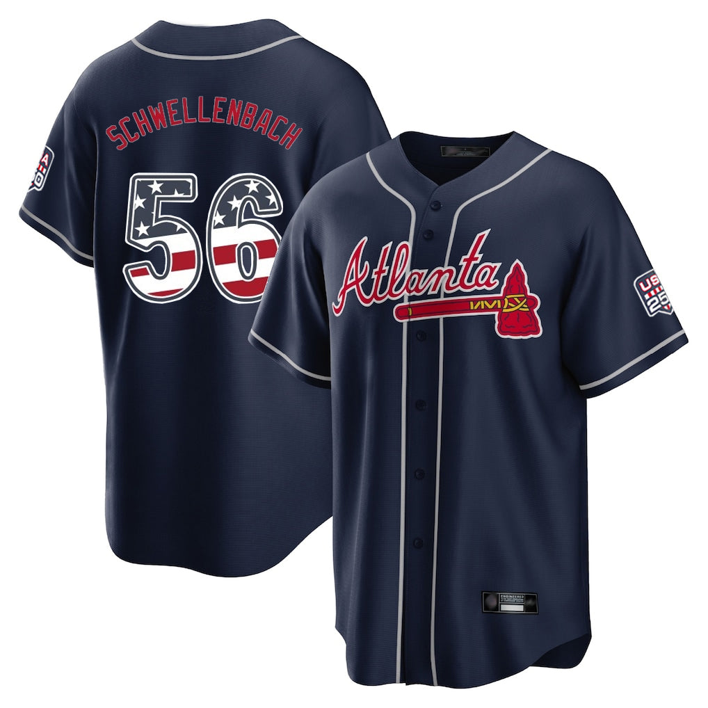 Atlanta Braves #56 Spencer Schwellenbach Player Navy HOLBERT USA 250 Fourth Of July Limited Home Game Stitched Jerseys