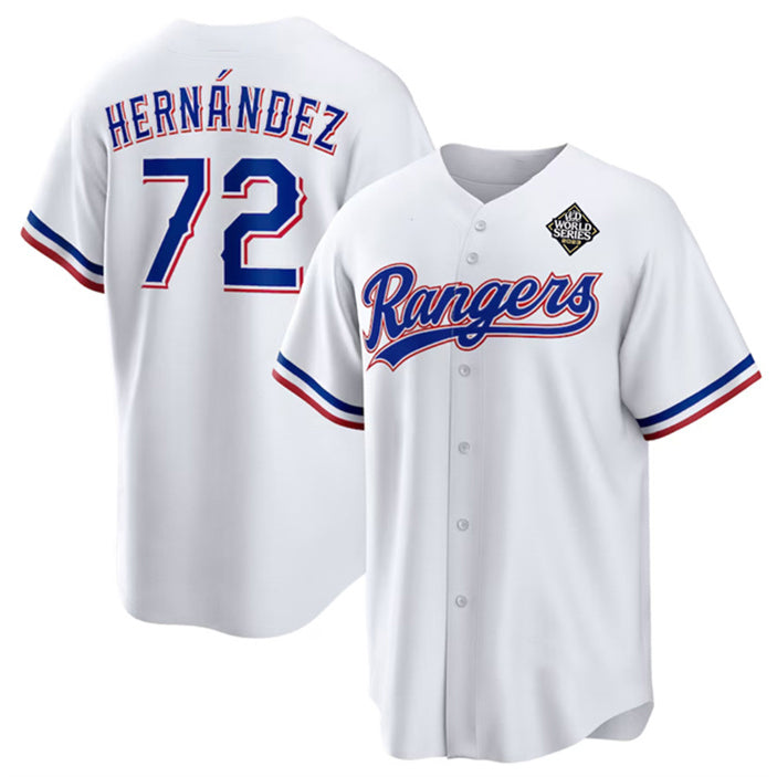 Texas Rangers #72 Jonathan Hern¨¢ndez White HOLBERT 2023 World Series Stitched Jersey